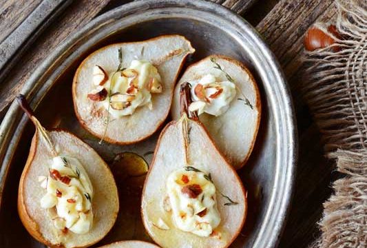 Baked Pears with Sultanas, Pine Nuts and Honey
